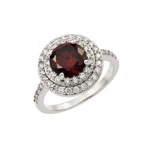 Sterling Silver 925 Rhodium Plated Red Center and Clear Cluster CZ Ring
